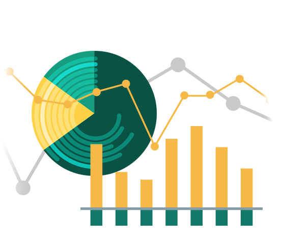 Visualisation des données combinant des graphiques circulaire, linéaire et en barres pour illustrer des informations financières clés.